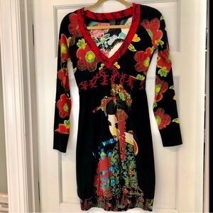 DESIGUAL dress!  LIKE NEW. Black background. Deep V neck. Painted details.